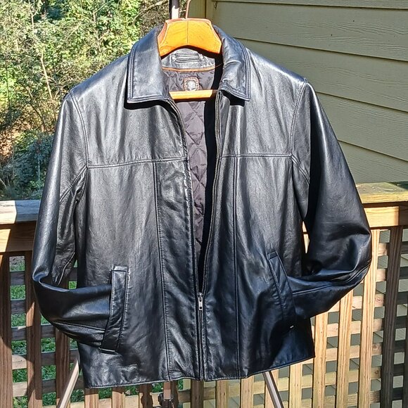 Vintage Black Leather Racer Style Jacket Quilted Liner, Collar Classic&Edgy Sz L - Picture 1 of 16